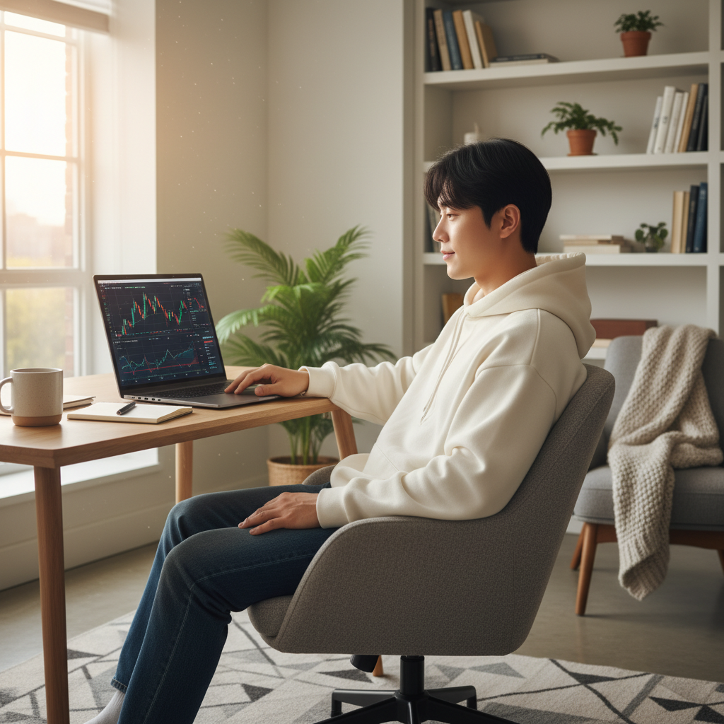 A person looking at a laptop with complex financial charts, cozy modern home office background, Korean male appearance, natural lighting, no text