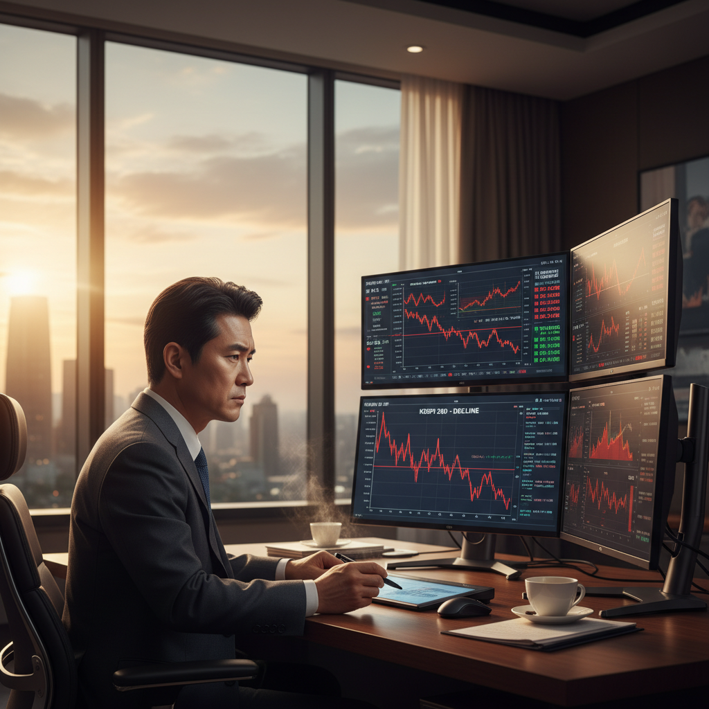 A professional Korean investor analyzing a declining stock chart on multiple monitors in a modern office, warm sunset lighting, high contrast, focused expression, no text
