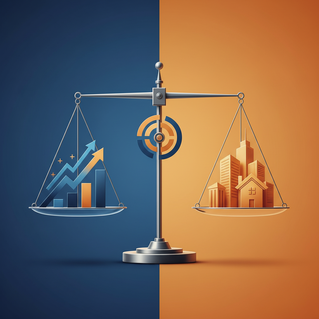 Clean infographic showing the balance between stocks and real estate assets, modern layout with blue and orange tones, high contrast, professional financial style, colored background, no text