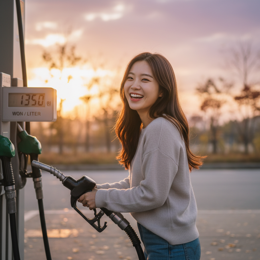 Lifestyle photography of a Korean person smiling happily at a gas station pump, showing a low price on the display. Warm lighting, natural setting, colored background, no visible text.