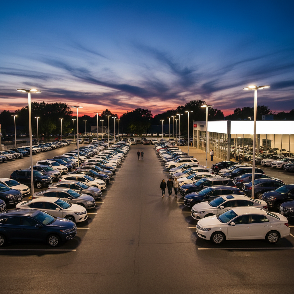 A wide view of a used car dealership lot at dusk, rows of cars under bright outdoor lights, dramatic sky, high quality lifestyle photography, no text