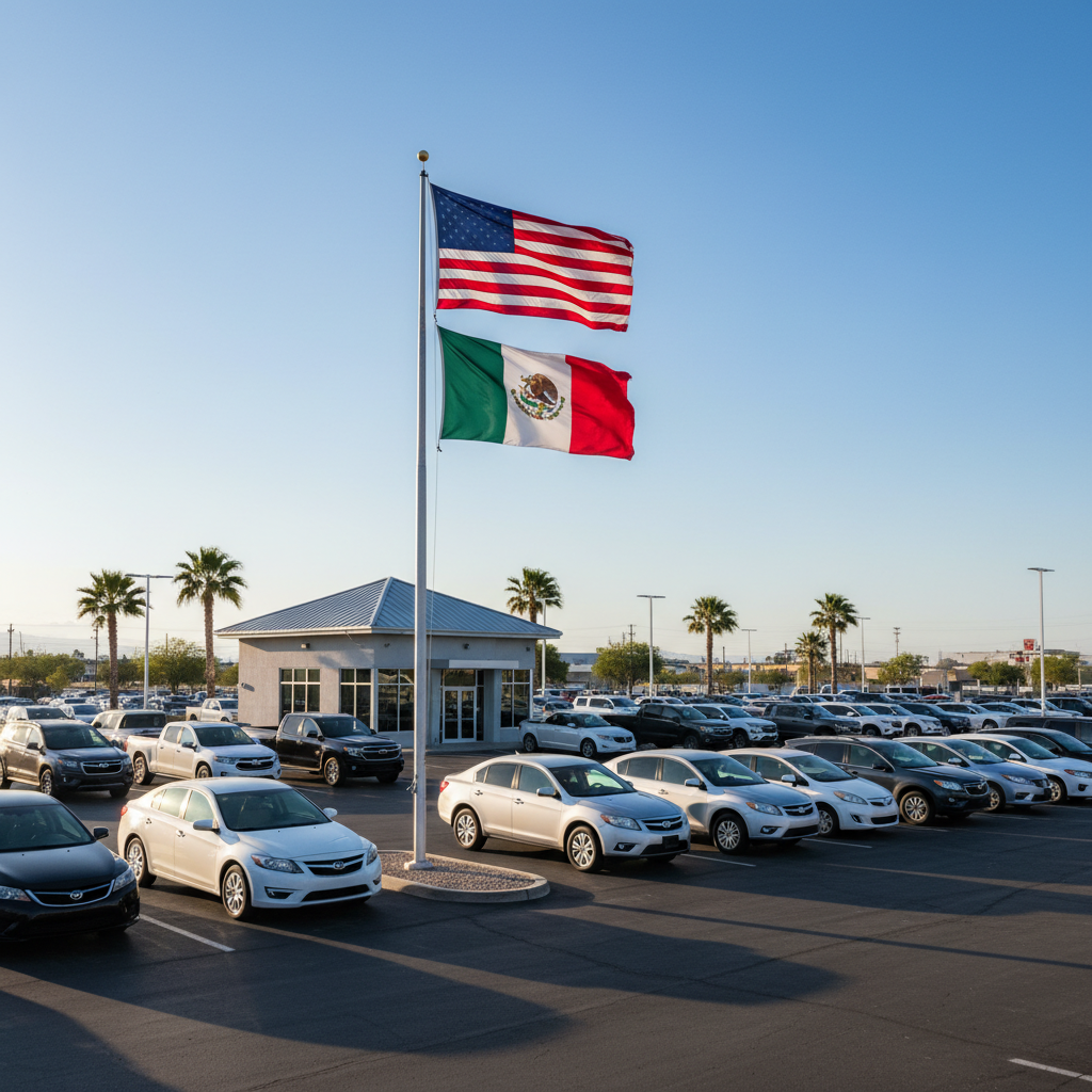 Used car dealership lot with American and Mexican flags, outdoor setting, clear blue sky, rows of cars, realistic photography, visually rich, no text