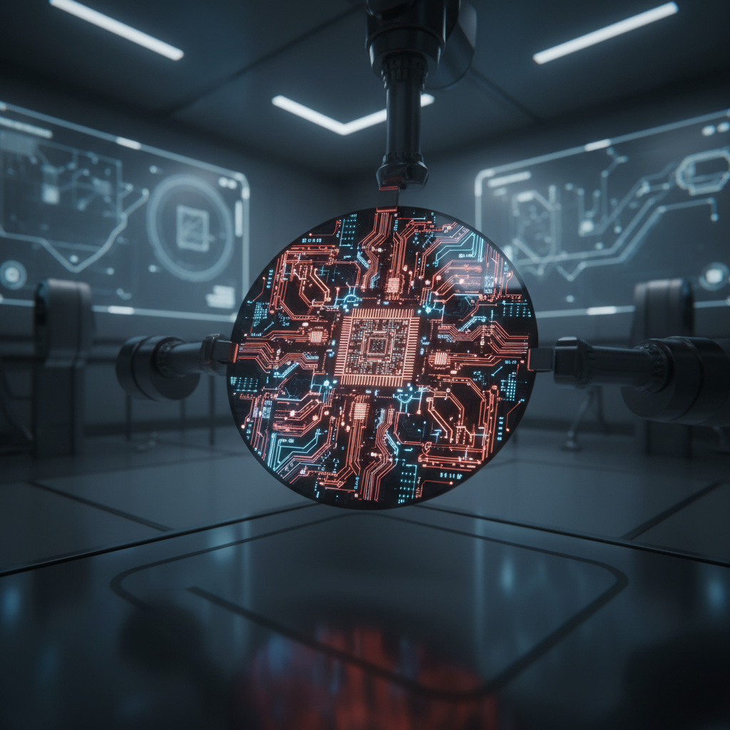 A high-tech semiconductor wafer glowing with red and blue light circuits, sleek futuristic laboratory setting, modern layout, high contrast, no text