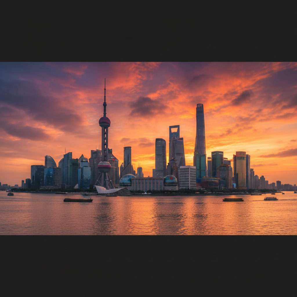 A panoramic view of Shanghai's financial district at sunset, including the Shanghai Tower, reflecting on the river, architectural photography, vibrant sky, no text