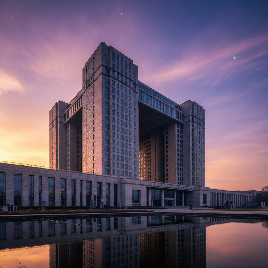 The headquarters of the People's Bank of China in Beijing, high contrast architectural photography, morning light, colored sky background, no text