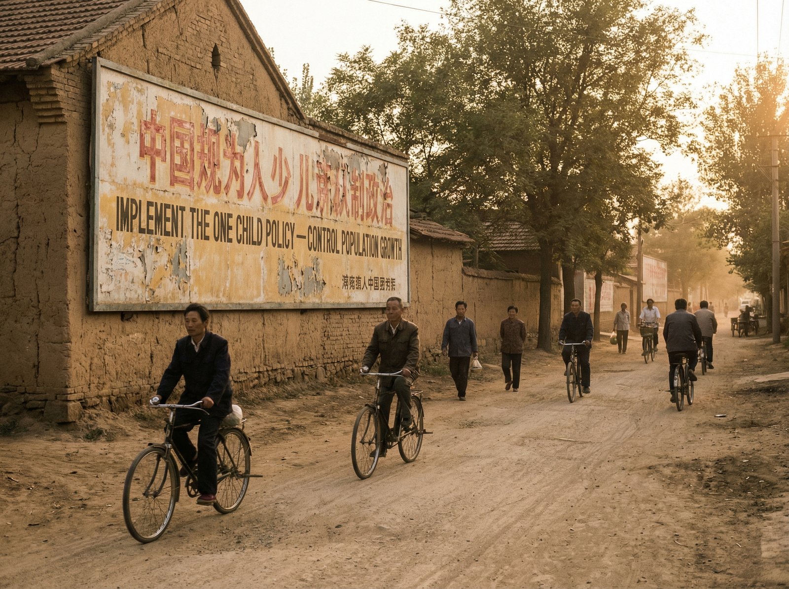A realistic street scene in a Chinese village with an old billboard promoting the one child policy, faded colors, dusty road, bicycles passing by, 1990s aesthetic, warm afternoon light, artistic rendering, 4:3