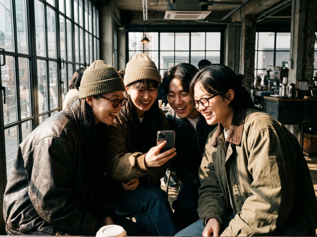 A group of Gen Z friends laughing and watching a video on a smartphone in a trendy cafe, natural sunlight, Korean appearance, high contrast, 4:3