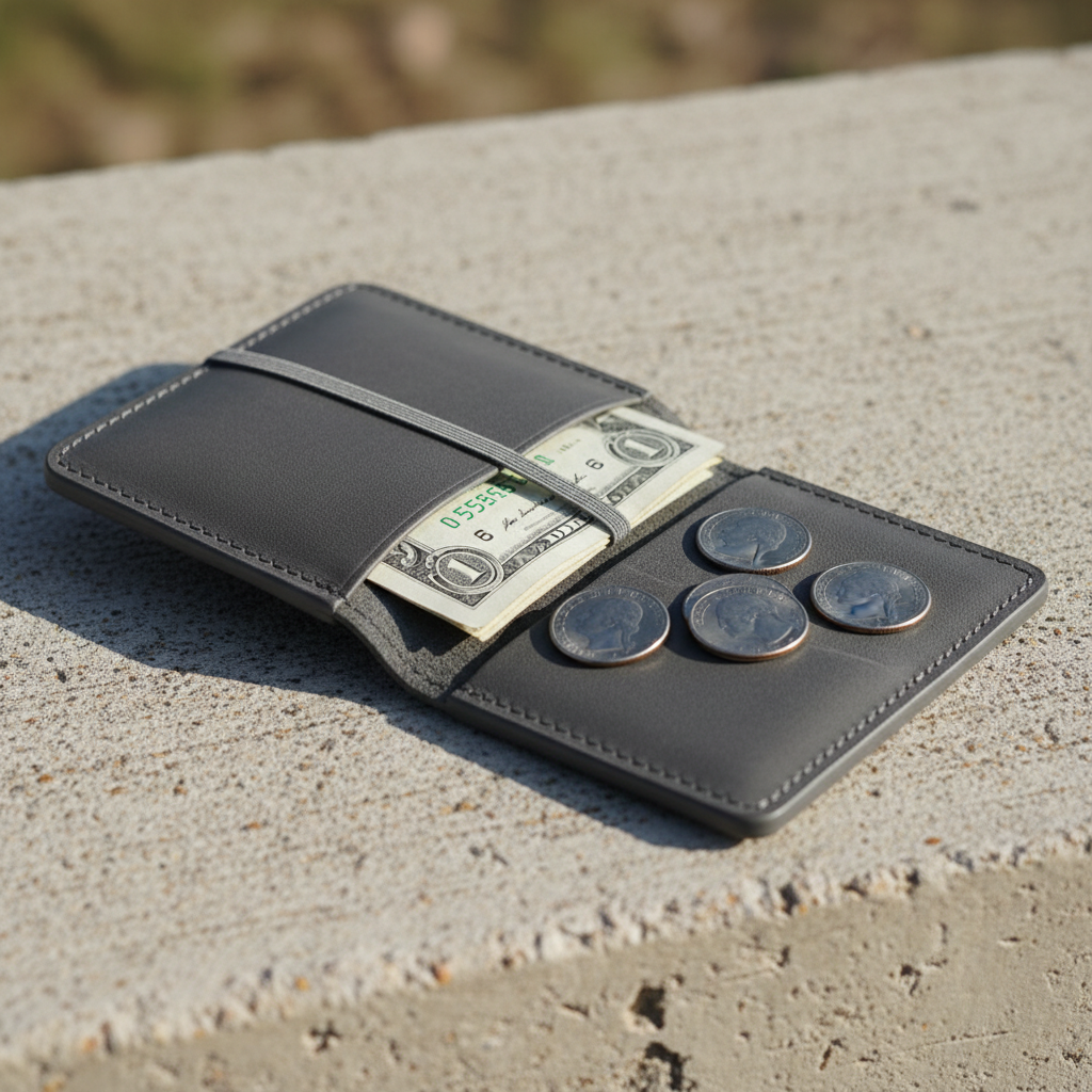 A close-up shot of a minimalist wallet with only a few small bills and coins, symbolizing a tight budget, on a textured background, natural lighting, no text
