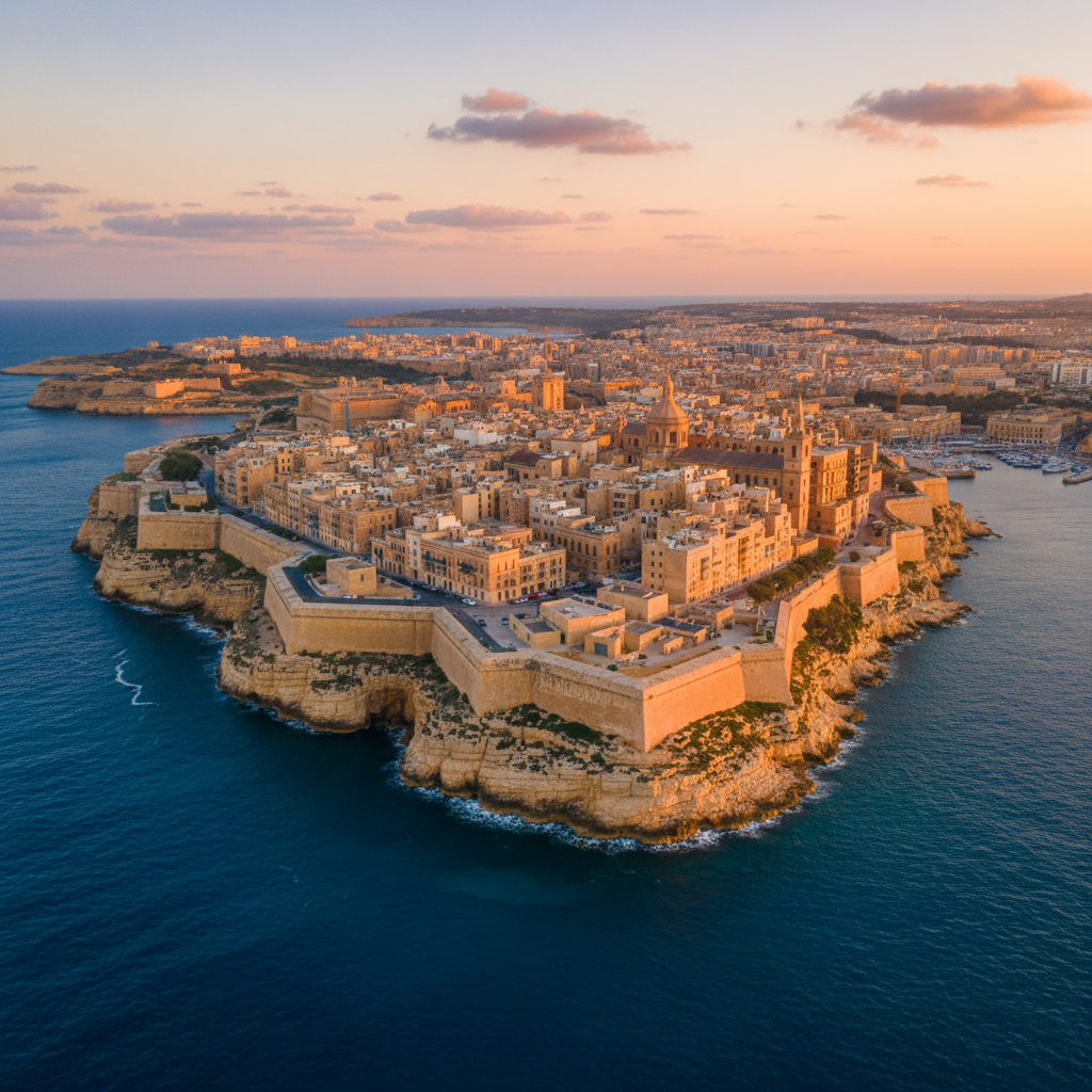 A stunning wide angle aerial view of Valletta city in Malta, ancient limestone fortresses and cathedrals by the Mediterranean sea, warm sunset lighting, rich blue water, high contrast photography, no text
