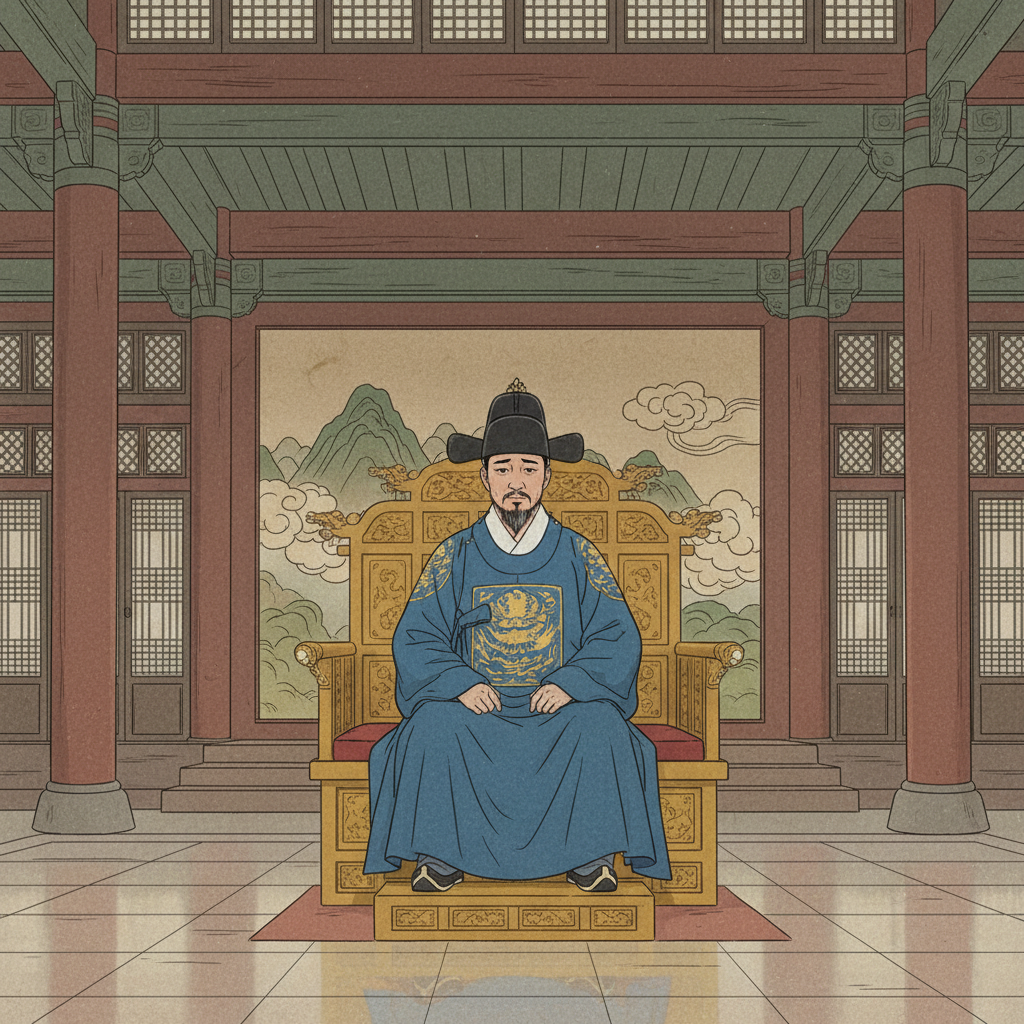 An illustration of King Sejong (Korean appearance) sitting alone on his throne, looking thoughtful and slightly troubled, with no scholars around him in the traditional Korean palace hall. The hall appears grand but empty, symbolizing a lack of intellectual support. Style: historical illustration, textured background, slightly muted colors. No visible text. Bright, balanced lighting.