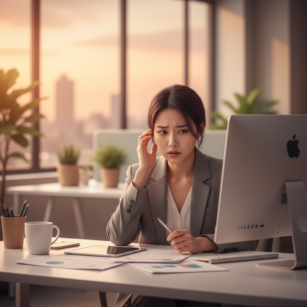 A lifestyle photography of a Korean woman looking stressed in a modern office environment, warm lighting, soft gradient background, 4:3 aspect ratio, no text