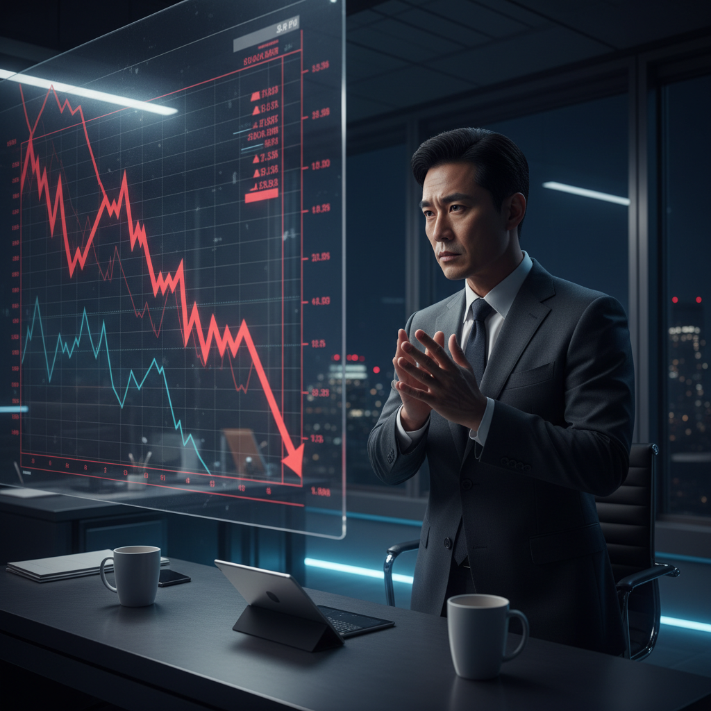 A professional financial analyst looking serious at a stock market chart, red downward arrows, dynamic lighting, cinematic office setting, Korean appearance, no text