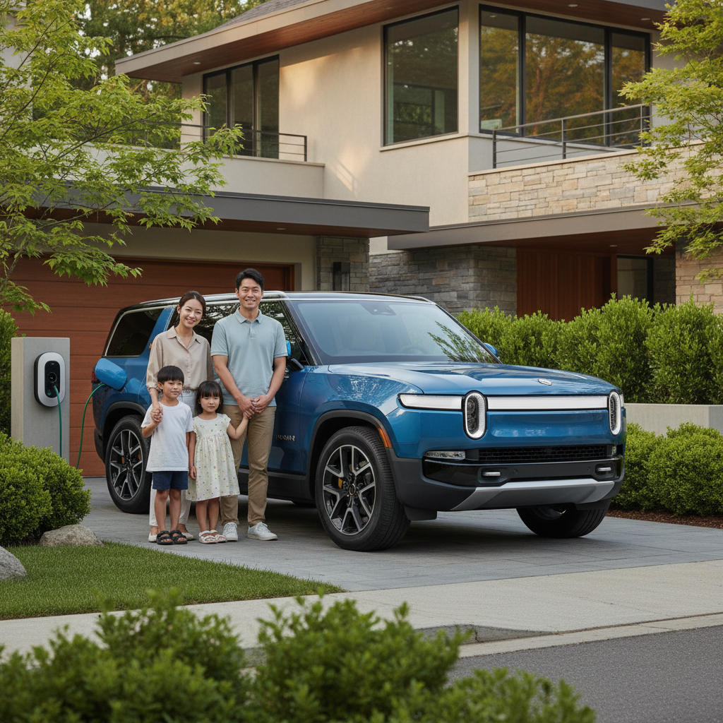A modern Korean family standing near a Rivian SUV being charged in a beautiful suburban driveway, daytime natural lighting, lifestyle photography, no text
