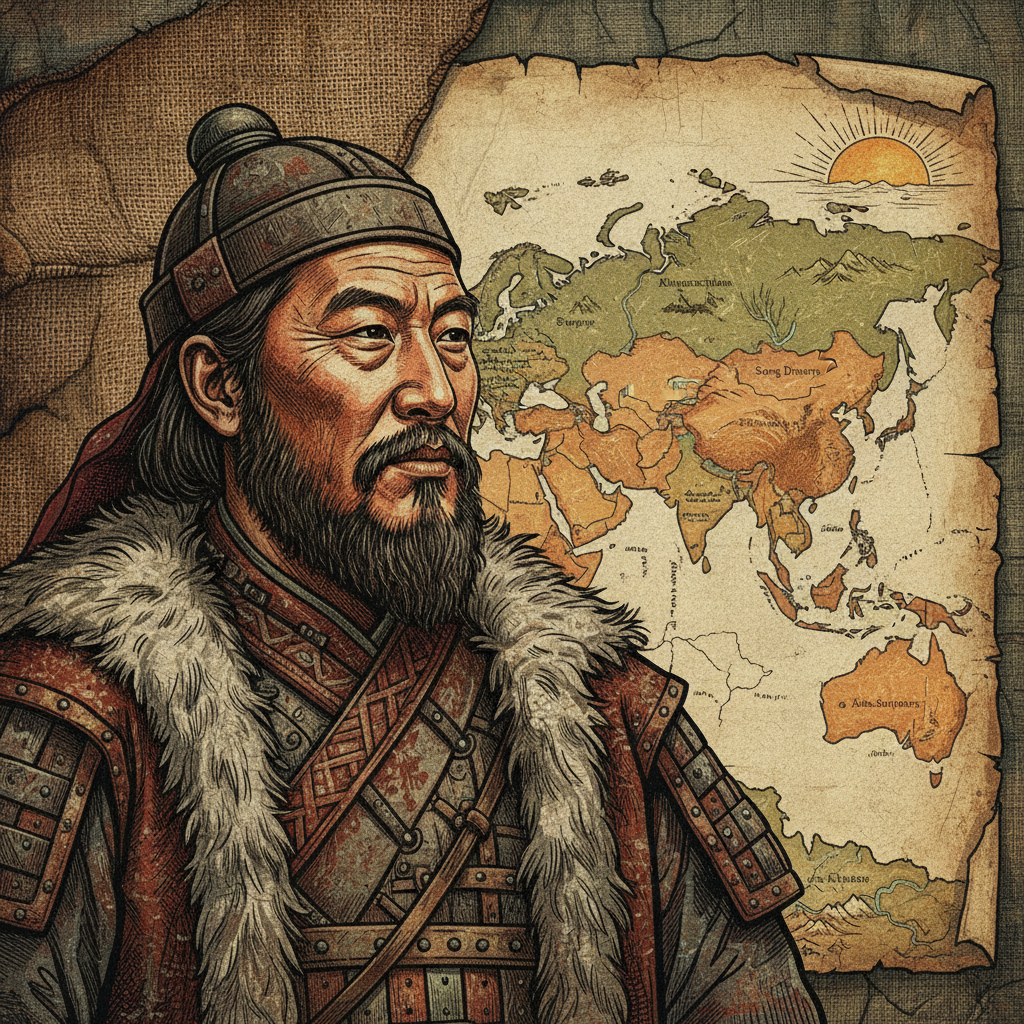 Artistic rendering of Genghis Khan, depicted with a wise and contemplative expression, looking towards the east on a vast, ancient map of Asia. The map shows various empires and geographical features. Styled with textured background, no visible text.