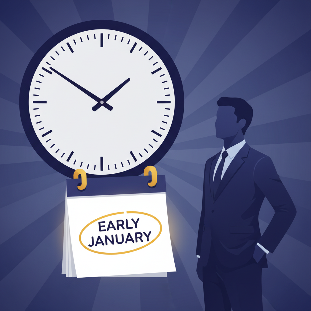 A stylized illustration of a clock nearing midnight, with a calendar page showing "Early January" highlighted, and a silhouette of a person standing confidently, symbolizing the upcoming announcement of the next Federal Reserve chair. The background is a sophisticated gradient, no text.
