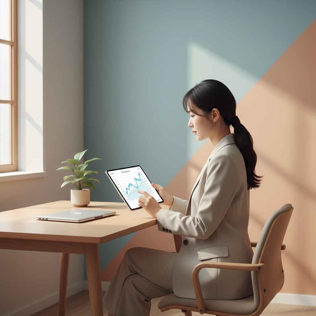 A calm Korean female investor reviewing a financial plan on a tablet, minimalist interior, natural daylight, professional and organized atmosphere, colored background, no text