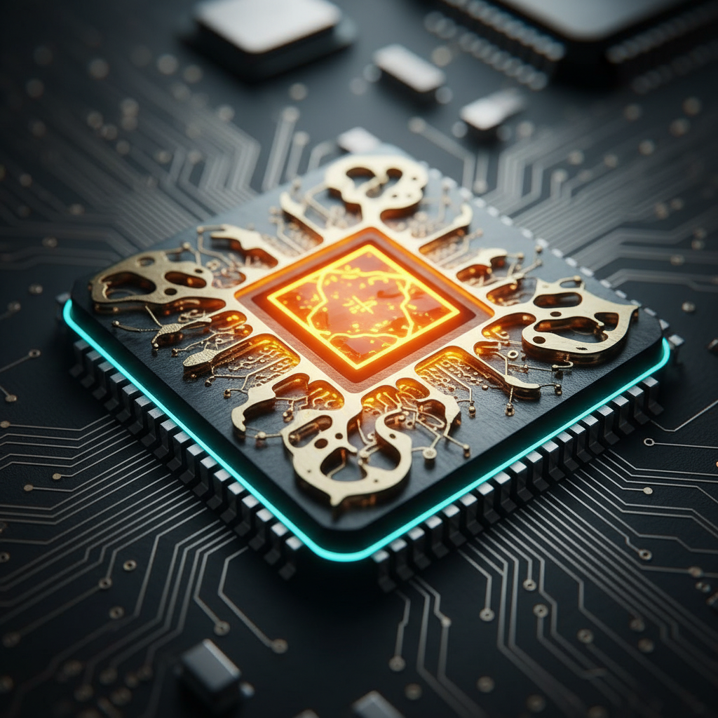 Close-up of a sophisticated golden and silver AI processor chip on a dark circuit board, glowing orange and cyan lights, high contrast macro photography, no text