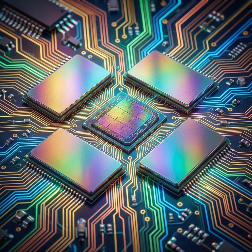 High bandwidth memory chips laid out on a circuit board, macro photography, high tech aesthetic, vibrant circuit lines, no text, 1:1