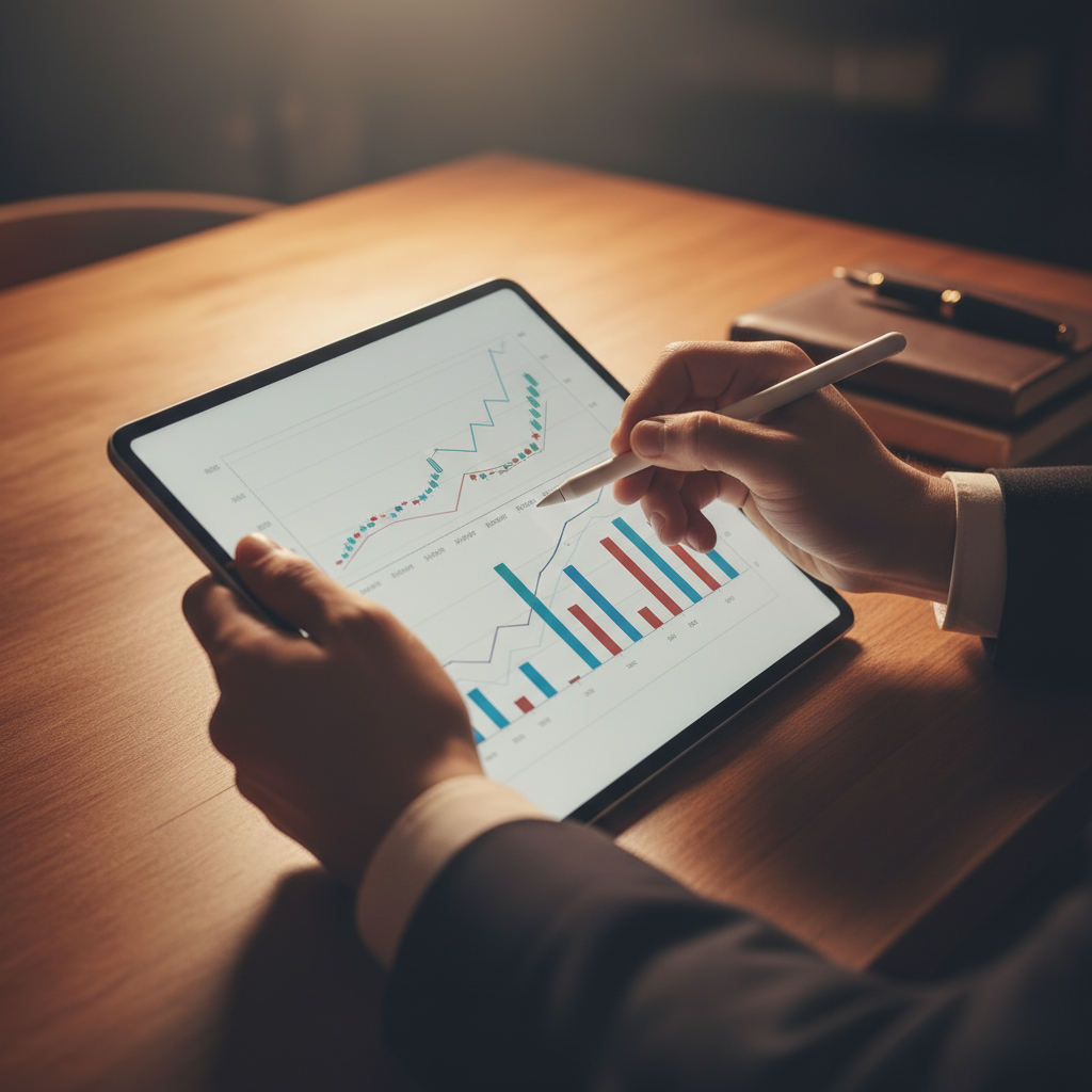 Close up of a person hands using a tablet and stylus to analyze financial growth charts, wooden desk, warm lighting, professional atmosphere, no text