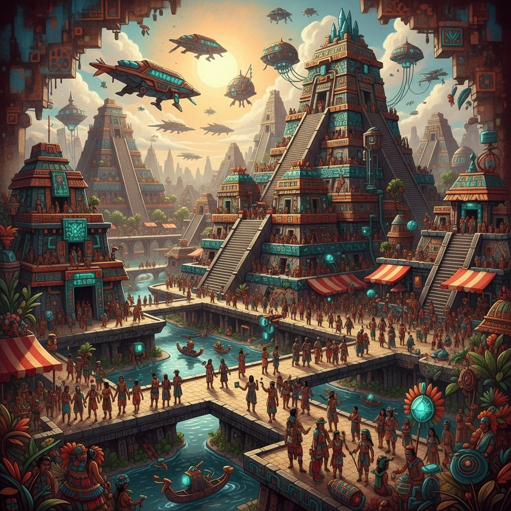 illustration, artistic rendering, textured background, vibrant depiction of an advanced Aztec city with large pyramids and intricate buildings, bustling with people, bright and balanced lighting, no visible text, centered focus, rich details, no empty margins, full frame, colored background