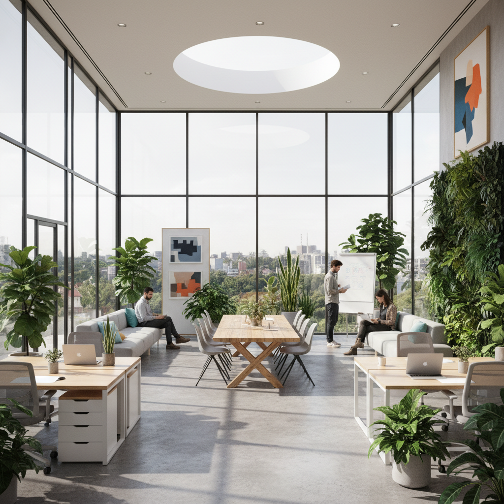 A modern creative studio with glass walls and minimalist furniture, natural sunlight streaming in, vibrant plants, inspiring atmosphere, high quality photography, no text