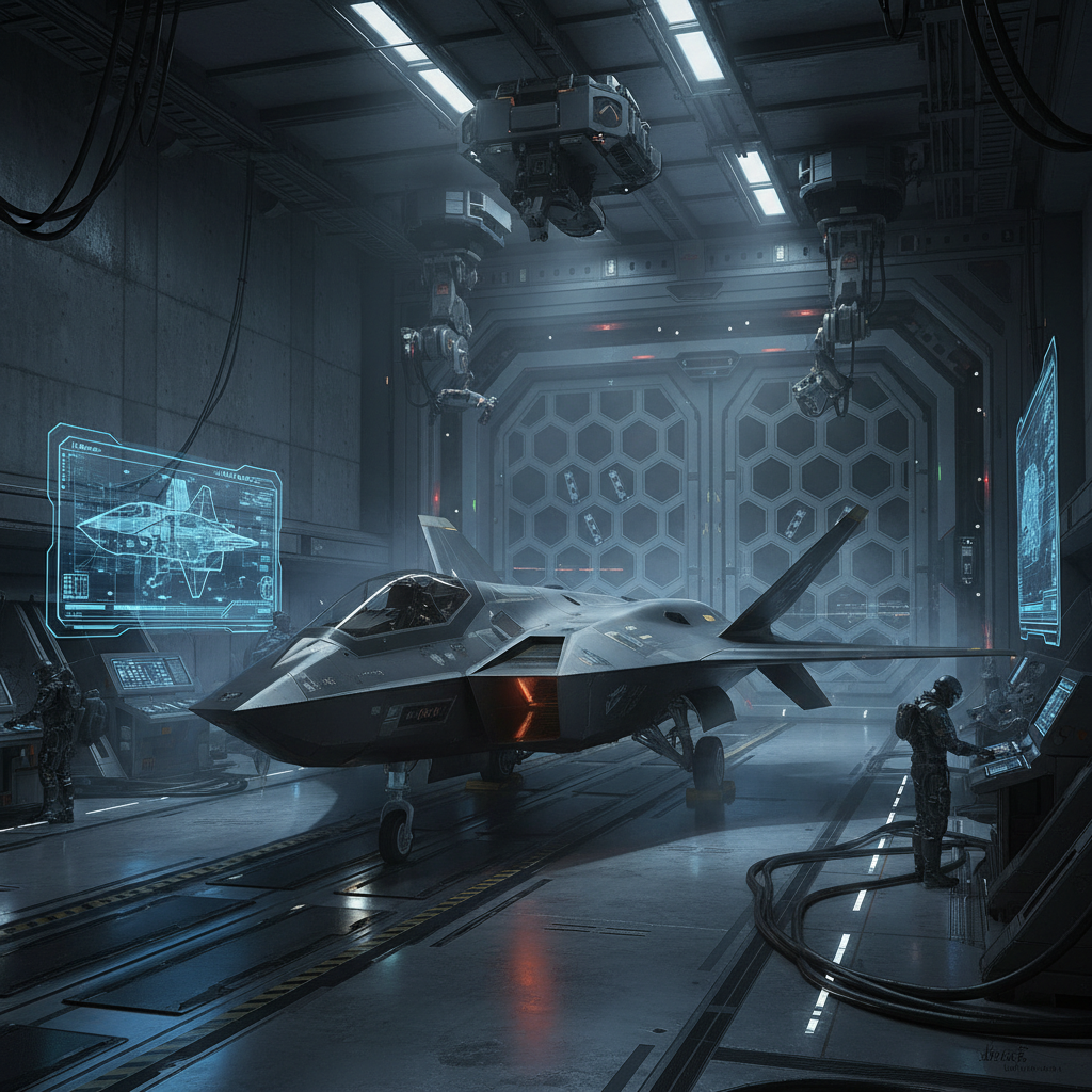 A high-tech stealth fighter jet inside a modern hangar, sophisticated defense technology atmosphere, cinematic lighting, rich textured background, no text