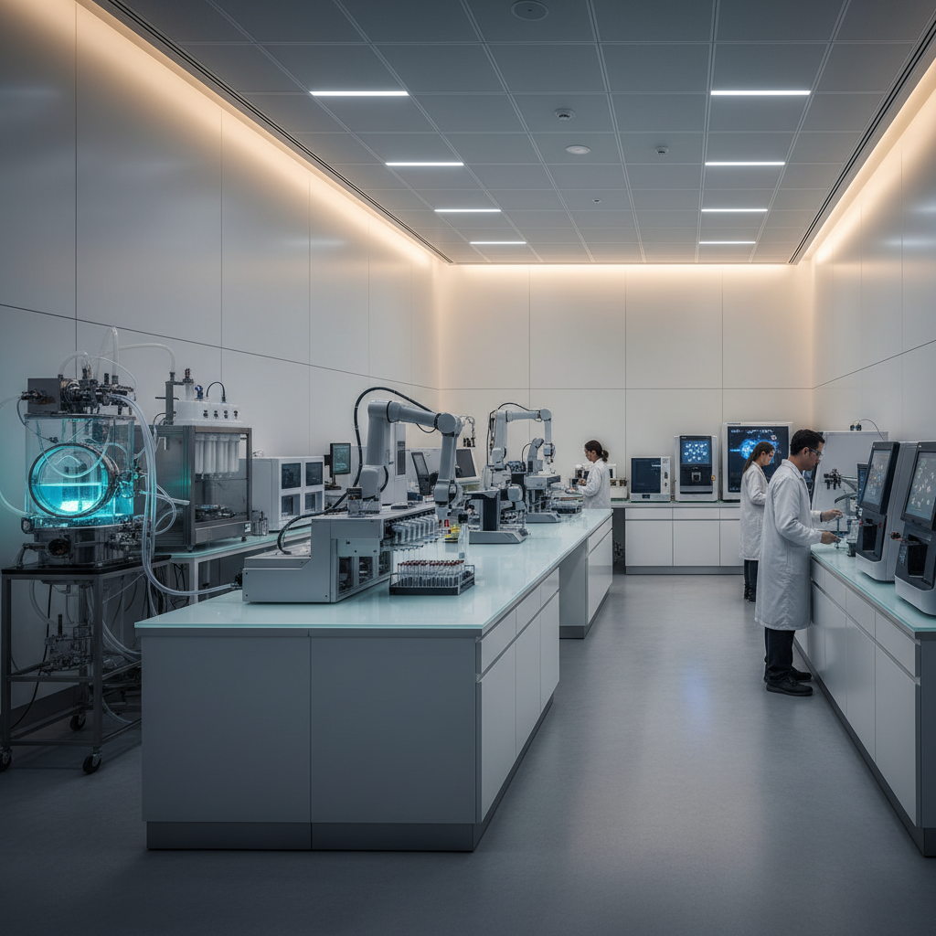 Sophisticated life science laboratory with high-tech biotech equipment, clean modern interior, soft professional lighting, no text