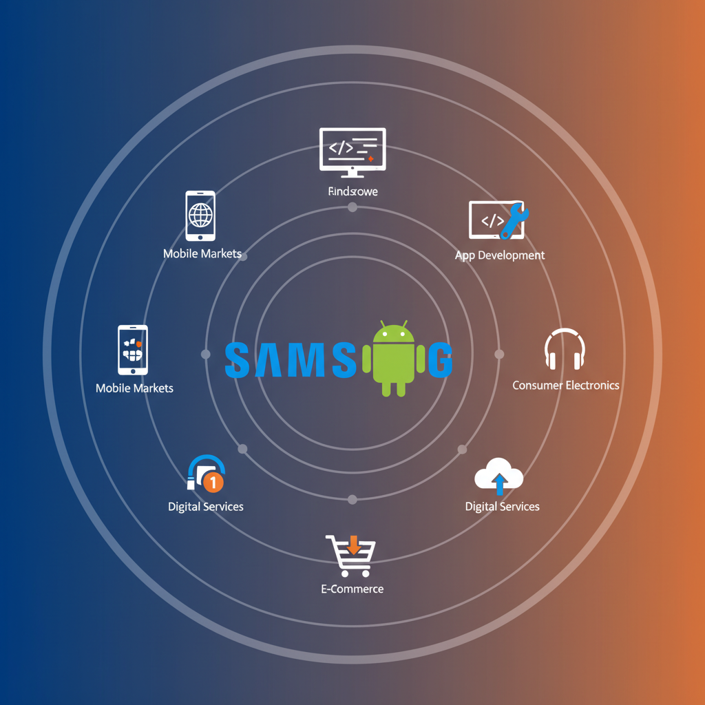 An infographic depicting a ripple effect originating from a Samsung logo intertwined with the Android logo. The ripples spread out, affecting various icons representing mobile markets, app development, and consumer electronics. The background is a dynamic blue and orange gradient, full frame, no text, clean infographic, modern layout, high contrast.