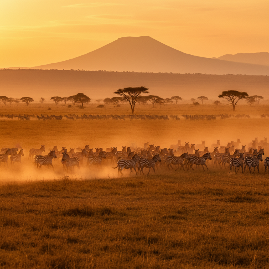 A dynamic shot of a large herd of zebras running across a vast savanna, with dust lightly rising. The sun is low, casting a warm glow, showing the expansive Ngorongoro landscape. Lifestyle photography, natural setting, no text, colored background, centered focus.