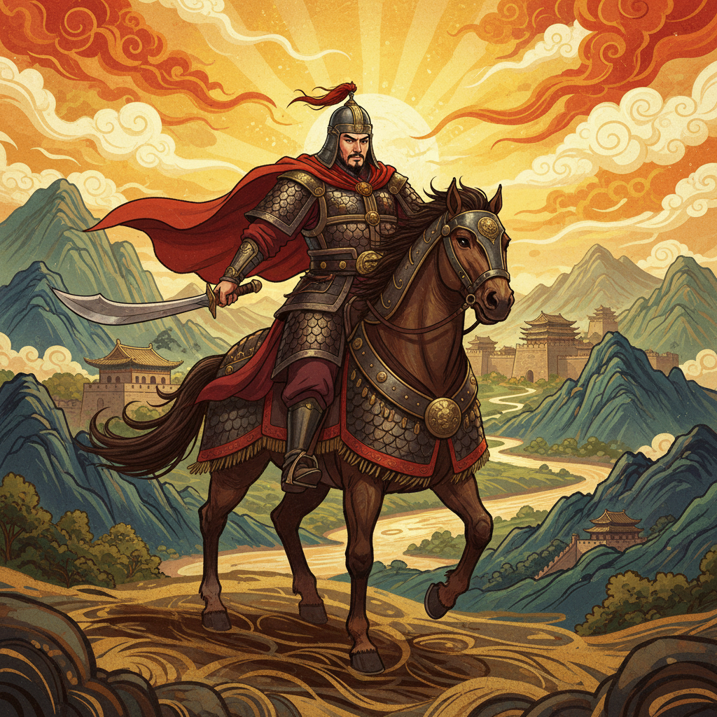 Illustration, artistic rendering, textured background, a majestic general (Korean appearance, in ancient Chinese armor) riding a horse across a historical landscape, showing the grandeur of ancient China, vibrant colored background, no text.