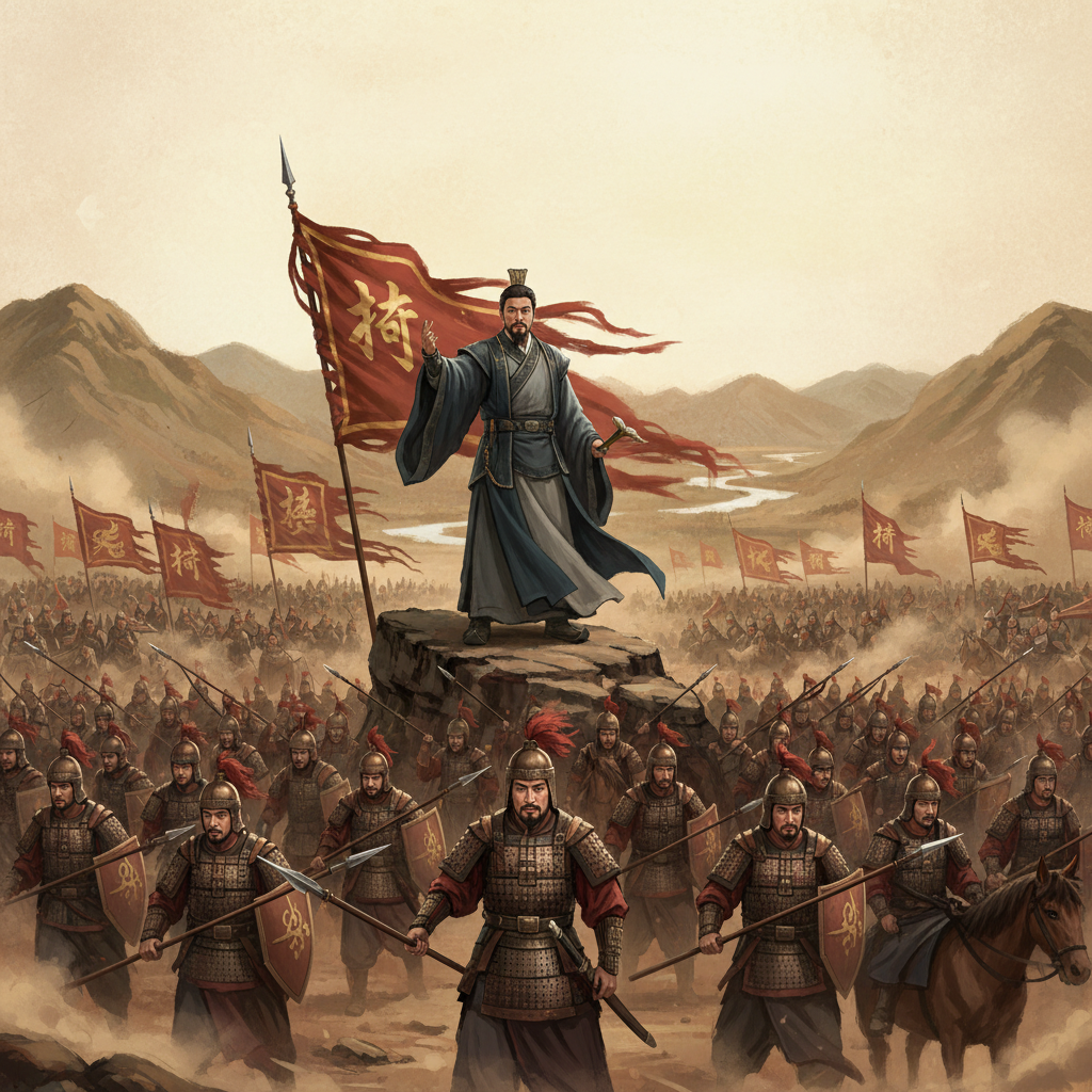 illustration, artistic rendering, textured background, a large, well-organized Shu Han army on a battlefield, led by Zhuge Liang. He stands prominently, giving commands with wisdom and authority. Show soldiers in ancient Chinese armor, banners flying, and a sense of strategic movement. Bright, balanced lighting, centered focus, no text, no empty margins, full frame.