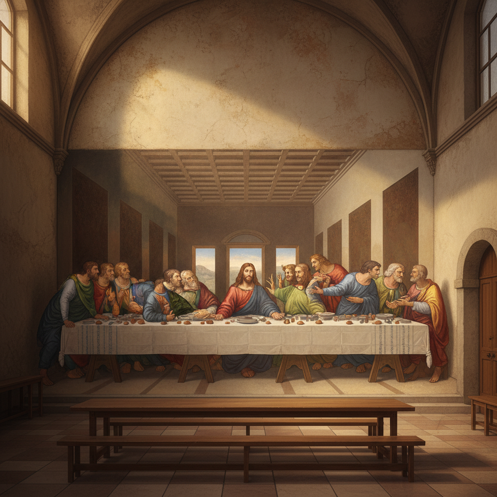 Artistic illustration of The Last Supper by Leonardo da Vinci on the wall of Santa Maria delle Grazie refectory, warm lighting, textured background, no text