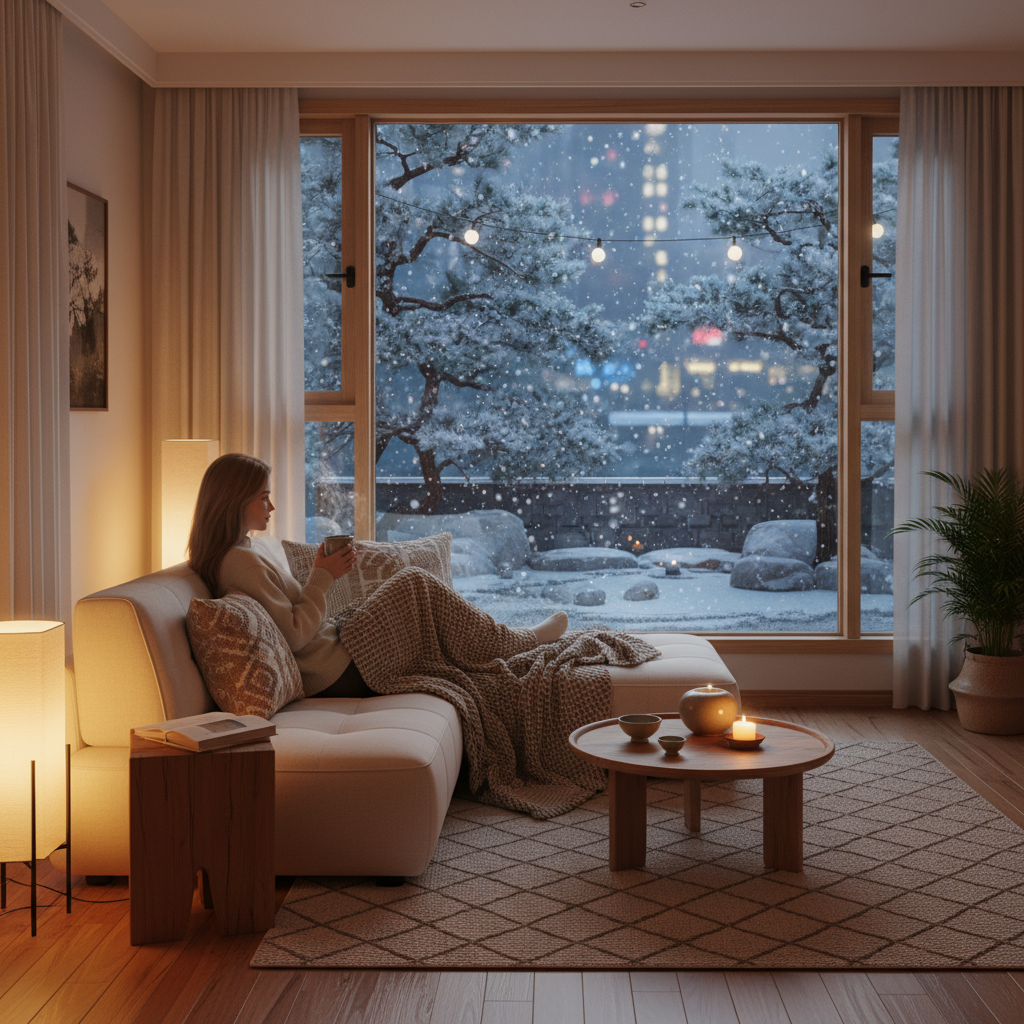 A cozy Korean living room during winter, warm ambient lighting, a person relaxing on a sofa with a cup of tea, soft snow visible outside through a large window, lifestyle photography, natural setting, no text