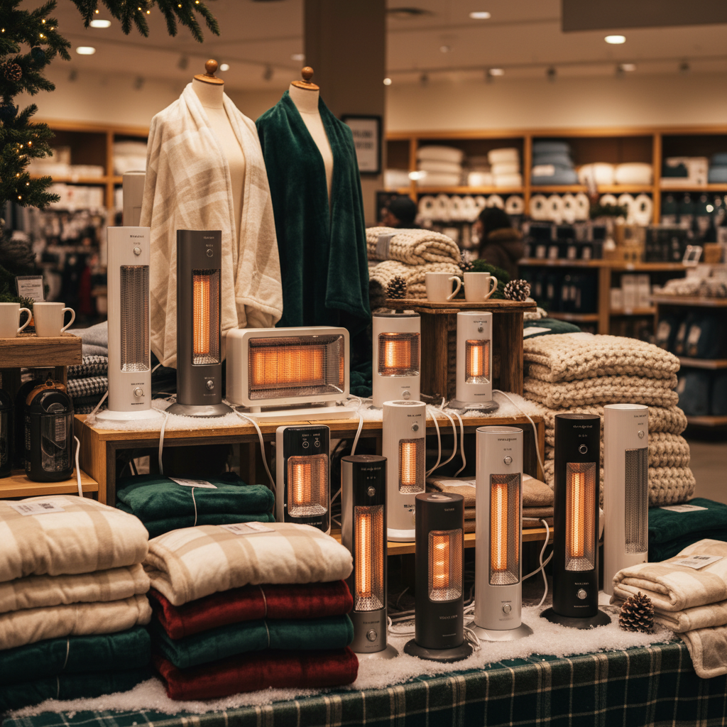 Display of space heaters and heated blankets in a retail store, cozy winter atmosphere, soft focus background, realistic commercial display, no text