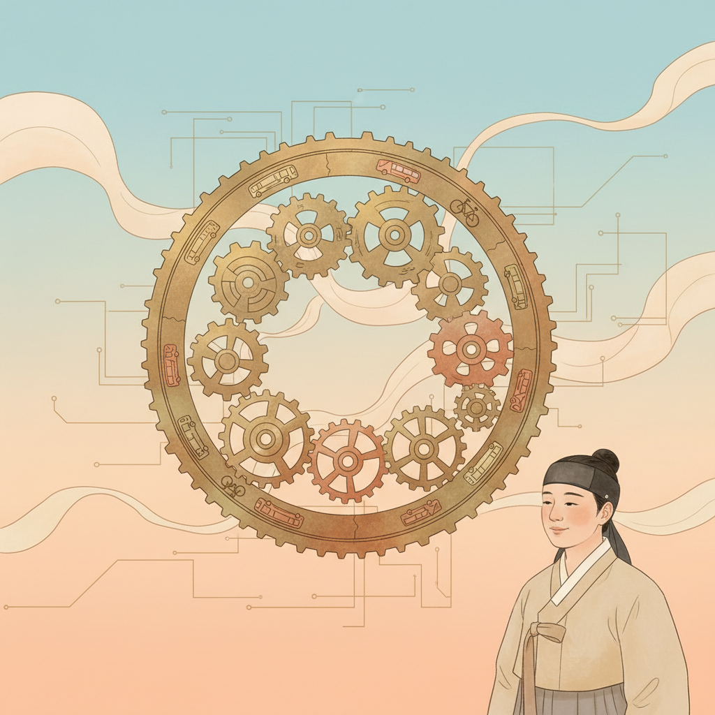 An illustrative depiction of a serene Korean person observing a complex, interlocking gear mechanism, symbolizing the mastery of daily commute. The background features a subtle gradient of warm, calming colors with abstract elements suggesting efficiency and peace amidst a structured environment. No text.