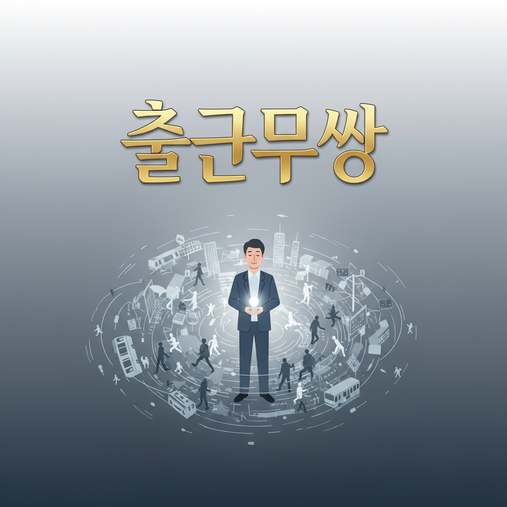 An elegant infographic illustrating the Korean characters for '출근무쌍' (出勤無雙) with a stylized depiction of a calm commuter amidst abstract representations of a busy city commute. The background is a gradient of muted blues and grays, emphasizing clarity and order. No text.
