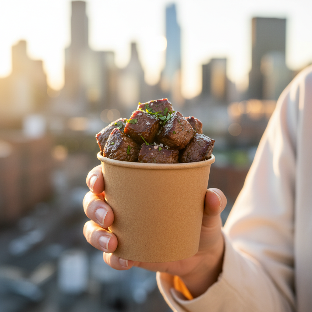 A close-up shot of a small paper cup filled with juicy grilled steak pieces, a person holding it outdoors, lifestyle photography, warm natural lighting, soft focus on a city background, vibrant colors, no text