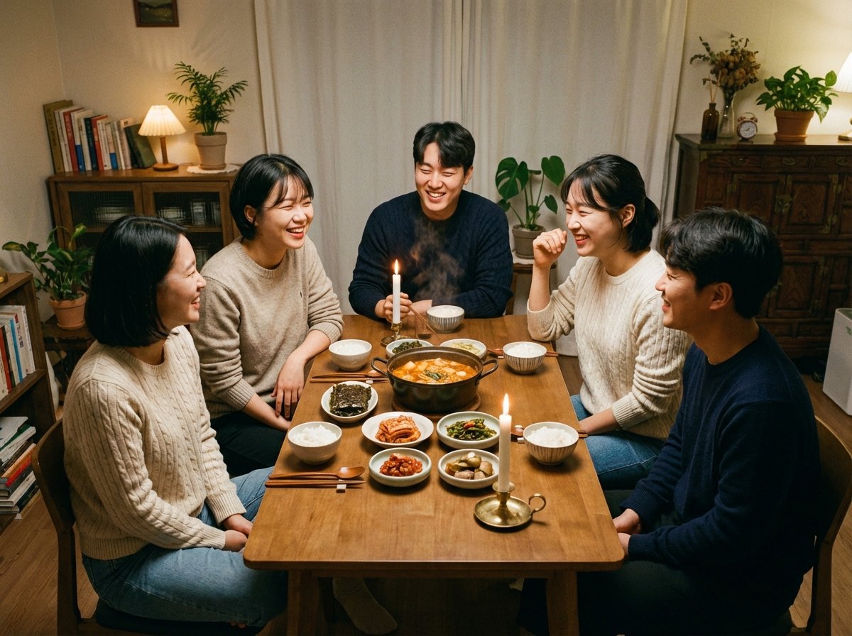 A group of Korean friends having a simple and cozy dinner at home, laughing together, warm candlelight, indoor lifestyle photography, rich colors, no text, 4:3