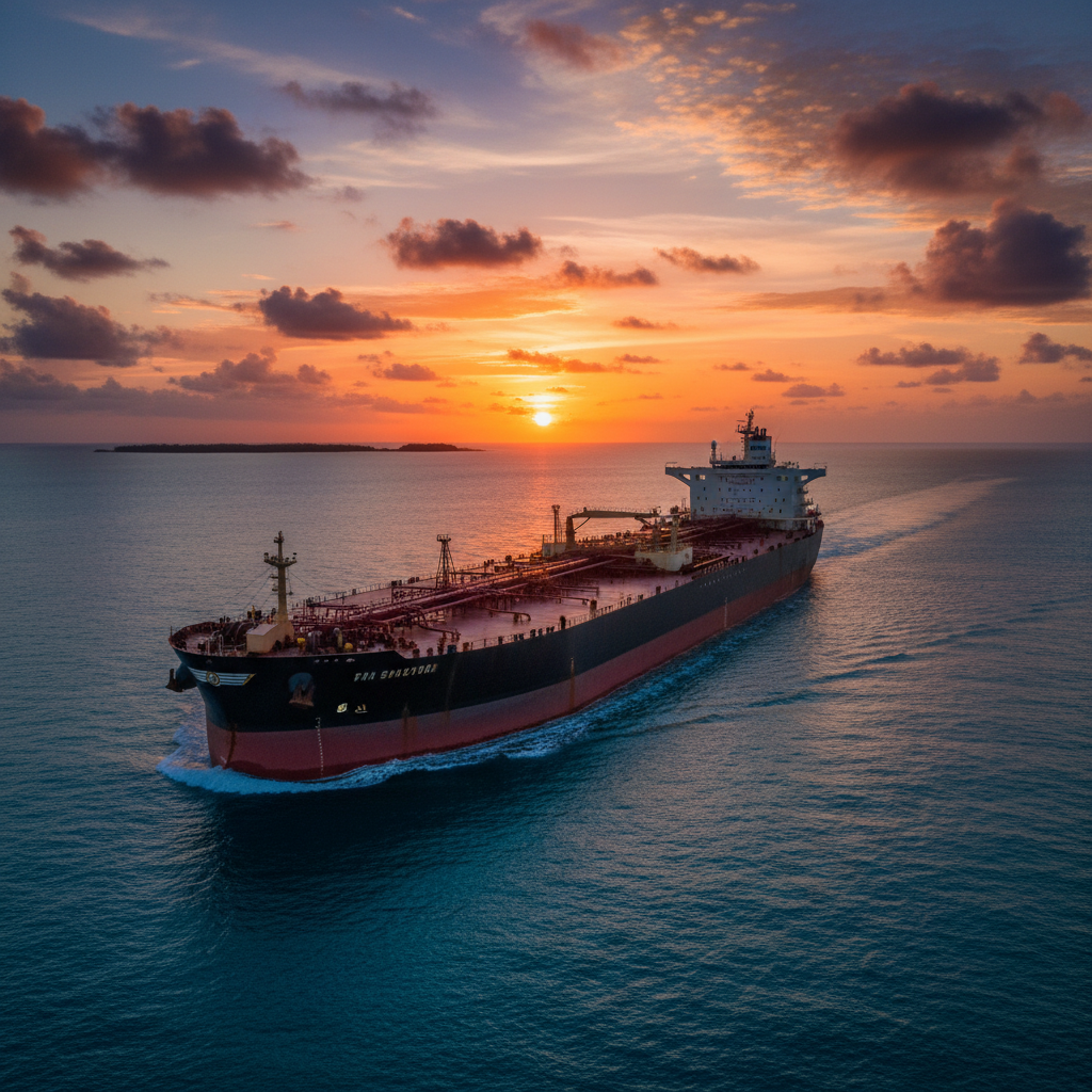 A massive oil tanker floating on the turquoise Caribbean Sea, sunset lighting, high contrast photography, cinematic composition, no text