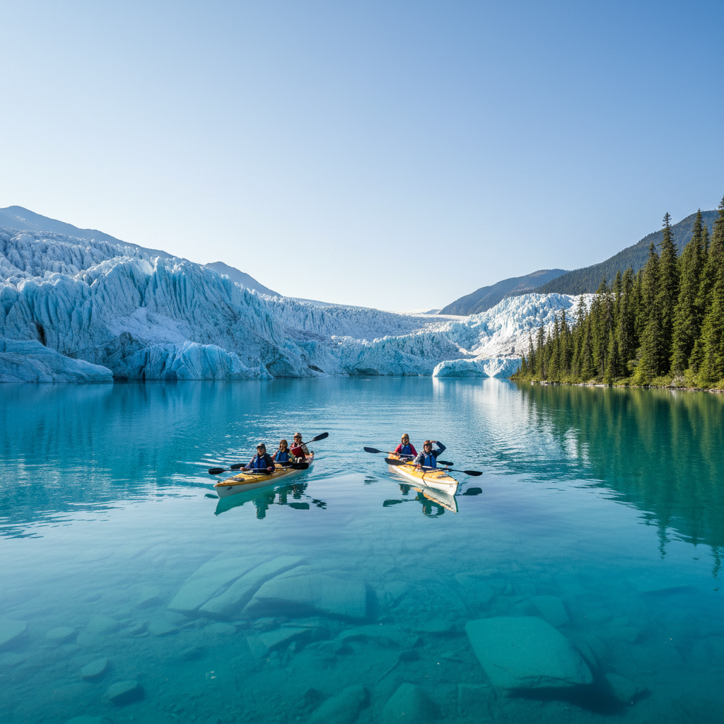 A group of adventurers kayaking on a serene, turquoise glacial lake, surrounded by towering icy cliffs and lush green forests under a clear sky, lifestyle photography, natural lighting, colored background, no visible text