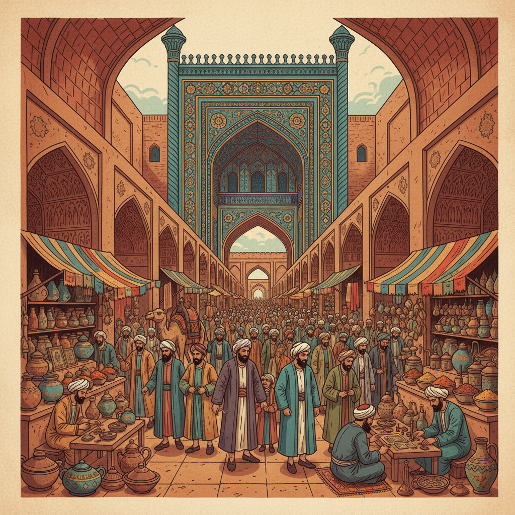A vibrant illustration of the Grand Bazaar of Isfahan (Qeysarie Gate and Bazaar), depicting traditional Persian craftsmanship, merchants, and bustling activity. The style is illustration with a warm, textured background, focusing on cultural richness. No text.