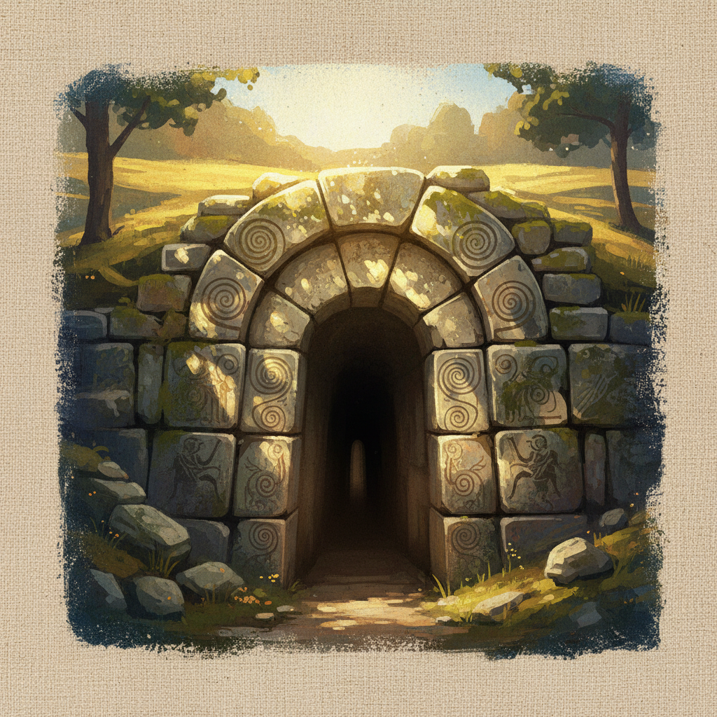 Artistic rendering of the entrance to the Thracian Tomb of Kazanlak, with ancient stone and a sense of mystery, textured background, bright lighting, no text