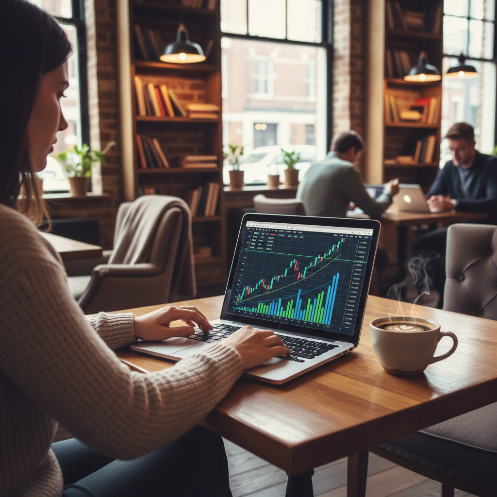A person sitting in a cozy cafe with a laptop displaying financial charts and a cup of coffee, warm lighting, relaxed professional atmosphere, wooden interior