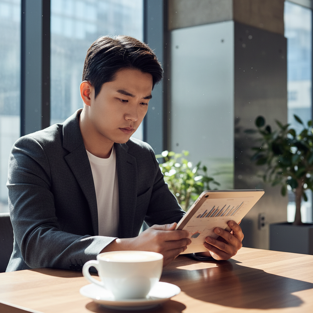 A young Korean investor looking at financial data on a tablet in a modern cafe, blurred coffee cup in foreground, natural daylight from a window, clean composition, high contrast, no text