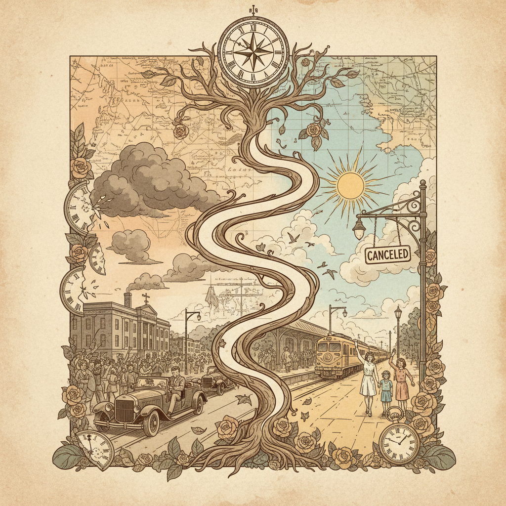 An artistic illustration of a historical timeline branching into two distinct paths. One path shows the assassination of JFK in Dallas, while the other depicts an alternate history where his visit was canceled. Focus on subtle differences in the background or symbolic elements, using a vintage but clear style. Natural lighting, no text, textured background, full frame.