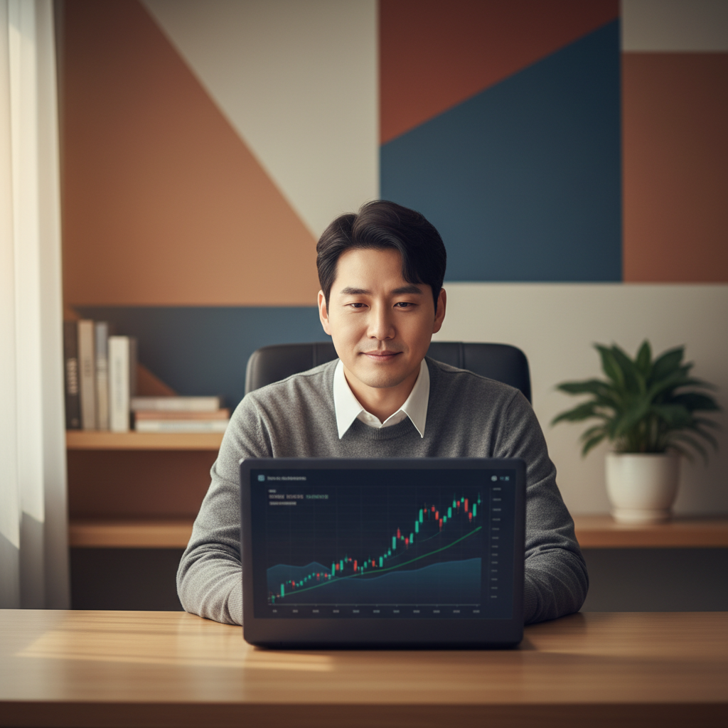 A Korean investor looking optimistically at a laptop screen with a subtle stock chart, warm lighting, modern home office setting, neutral expression, centered focus, colored background, no text