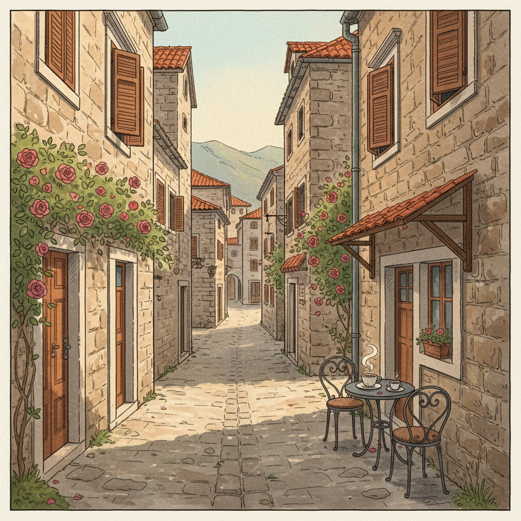 An artistic rendering illustration of a quaint, narrow street in Kotor's old town, featuring traditional stone buildings and a peaceful atmosphere. A few local elements like flowers or small cafes are subtly visible. Textured background, balanced lighting. No visible text.