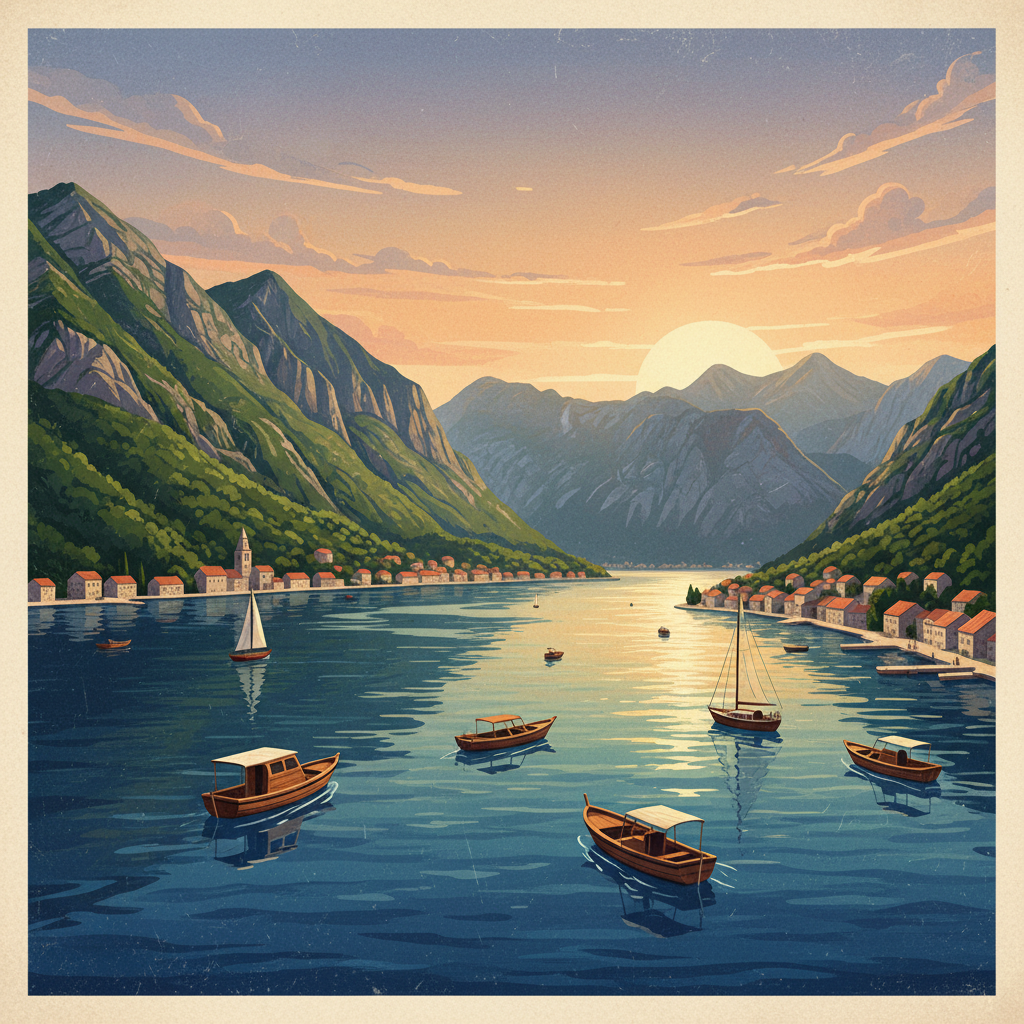 An artistic rendering illustration of the stunning Bay of Kotor, Montenegro, emphasizing its natural beauty. Deep blue waters, lush green mountains, and small traditional boats are visible. Textured background, balanced lighting. No visible text.