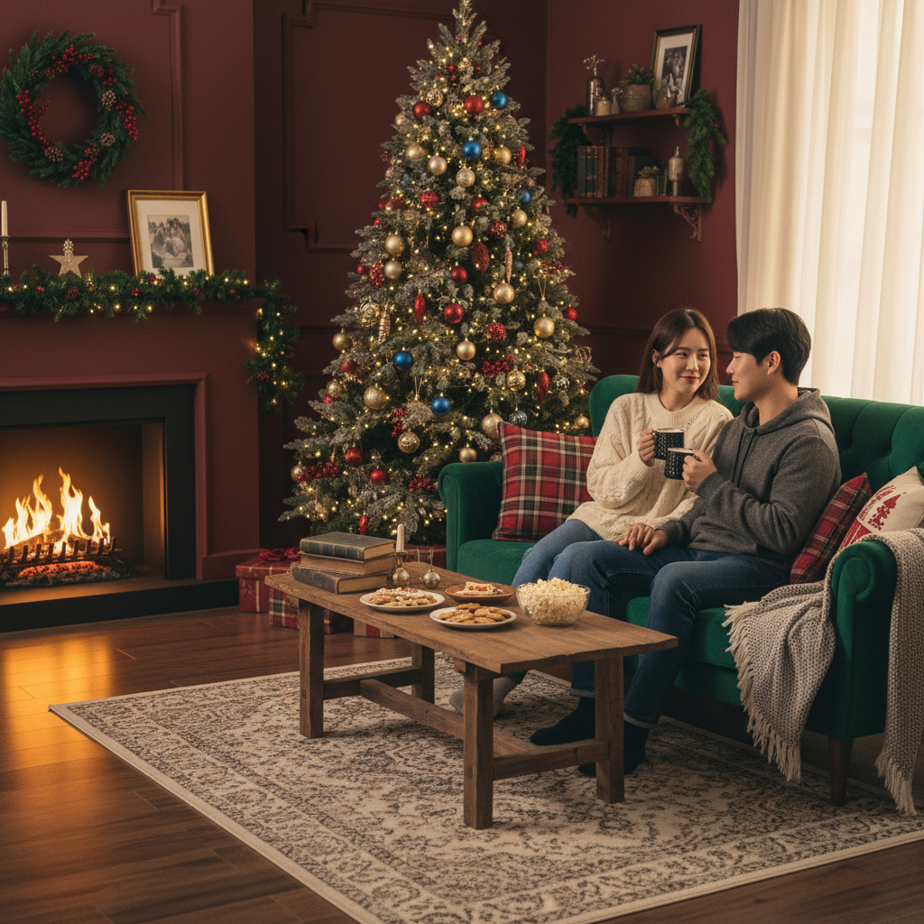 A cozy indoor setting with a Christmas tree, a Korean couple sitting on a sofa talking warmly to each other, soft golden lighting, lifestyle photography, rich colors, no text
