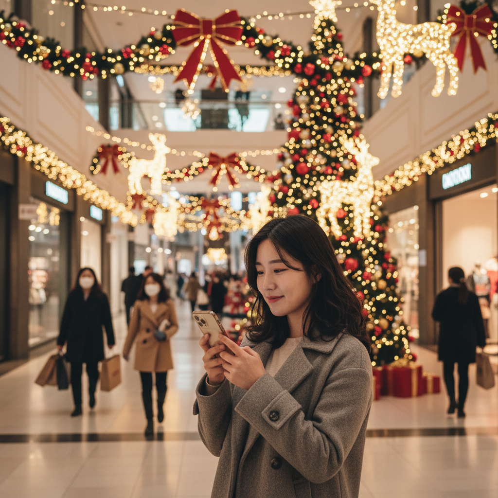 A young Korean woman looking at her smartphone while shopping in a festive mall with Christmas decorations, warm lighting, lifestyle photography, Korean appearance, no text
